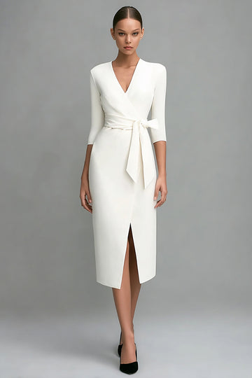 Ivory V-Neck Sheath Half Sleeve Work Dress With Sash
